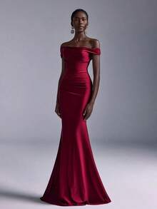 Vestido de sirena con hombros descubiertos y drapeado elegante, adecuado para bodas, fiestas, vacaciones, bailes de graduación, dama de honor (adulto) - Burdeos - Ver 6