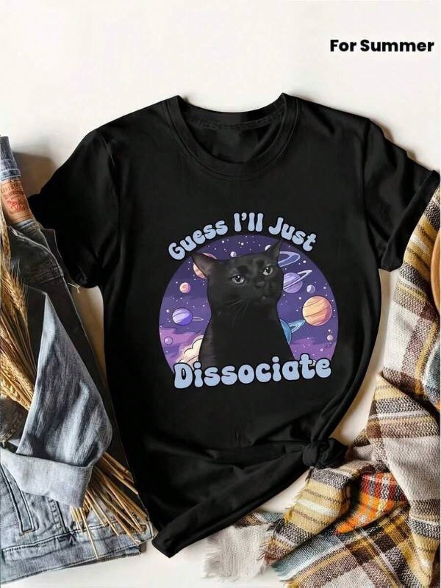 Camiseta negra informal de manga corta con cuello redondo para hombre,Camisetas Para Mujer Camiseta única con diseño Y2K de gato negro en un fondo cósmico perfecto para el verano, ideal para quienes aman la moda alternativa y desean destacar con estilo moderno y divertido, una pieza imprescindible para tu colección de ropa. - Negro - Ver 1