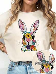 Blusa casual y versátil con estampados de conejo, flores y bordados - Tela suave, elástica y cómoda para el veranoPure-Cotton - Albaricoque - Ver 1