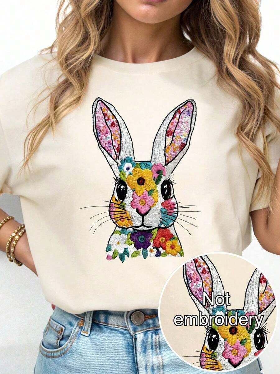 Blusa casual y versátil con estampados de conejo, flores y bordados - Tela suave, elástica y cómoda para el veranoPure-Cotton - Albaricoque - Ver 1