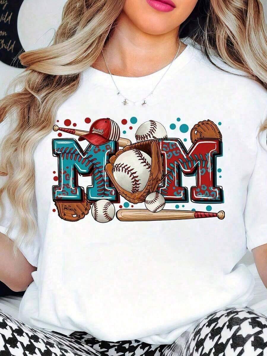 Cute Unisex Premium Casual T-Shirts, Mom Baseball T-Shirt With Graphic Design And Sports Elements For Mother's Day Or Game Day, 220g - Unisex, Suitable For Casual Daily Outings, Short Sleeve Summer T-Shirt, Retro Y2K Print T-Shirt - 白色 - 查看 1
