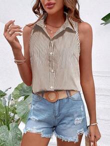 Blusa suelta de mujer casual de un solo botonadura a rayas azules y blancas sin mangas - Caqui - Ver 3