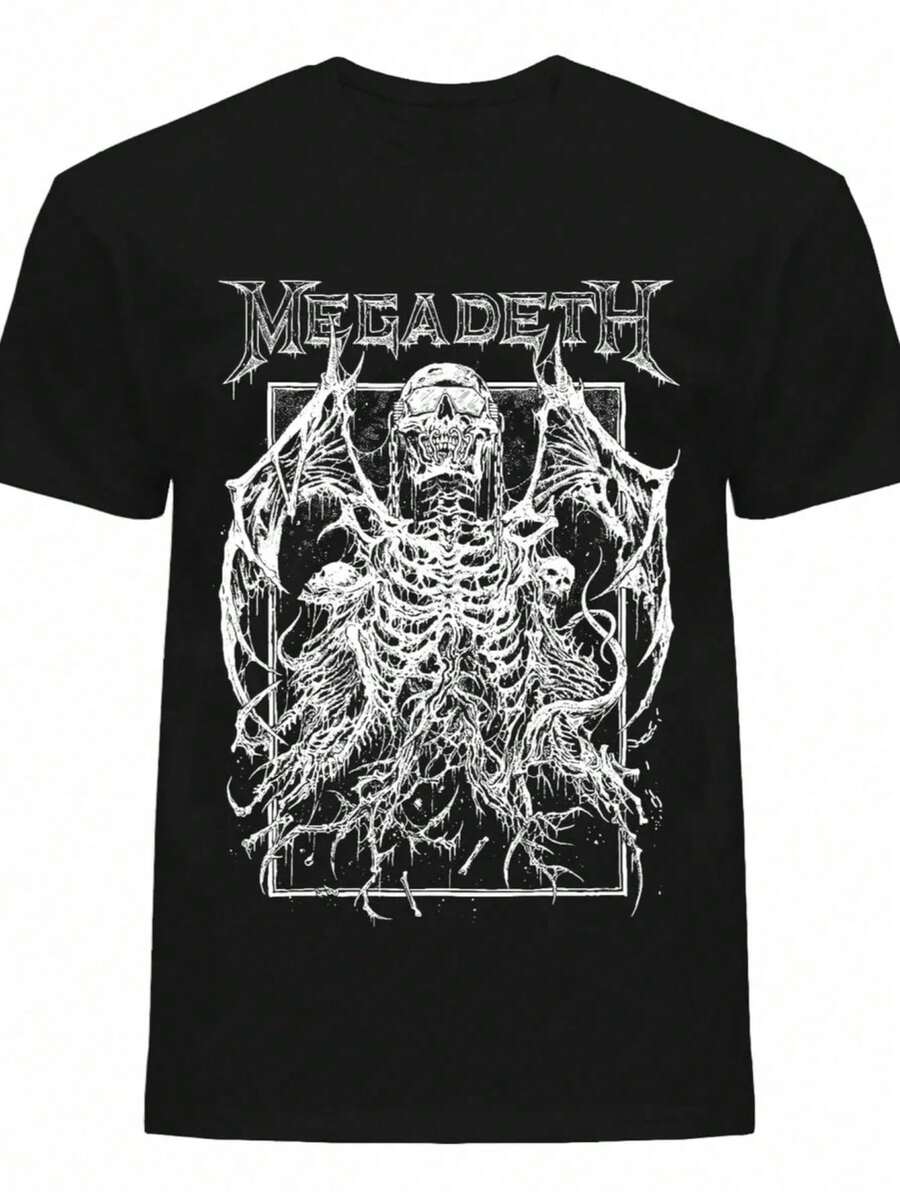 Unisex Y2K Style T-Shirt, 100% Cotton, 180gsm, With Megadeth Skull Print On The Front, Heavy Metal Rock Style For Men And Women - 黑色 - 查看 1