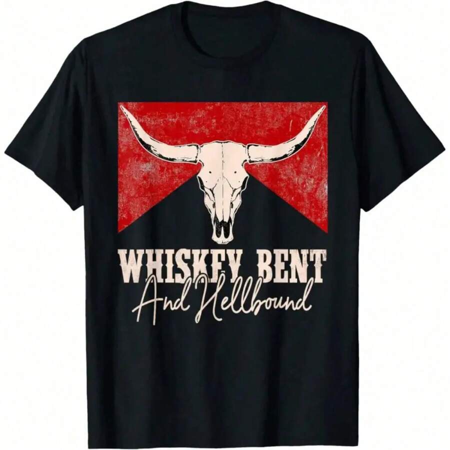 "Whiskey Bent And Hellbound" Western Graphic T-Shirt, Short Sleeve, Plus Size, Thick Cotton, Classic Print For Men And Women, Casual Wear For Everyday Use, Soft And Comfortable Cotton, Desert Cactus Design, Fashionable Western Style T-Shirt. - 黑色 - 查看 1