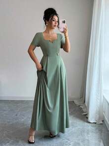 YHHElenzga Vestido de mujer con escote en V, manga corta y decoración de cinturón metálicoYHH - Verde - Ver 3