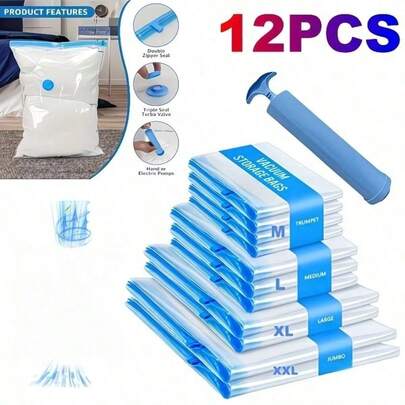 12pcs Vacuum Storage Bags (157.48 In + 101.44 Oz + 2XL + 2XXL + Hand Pump), Suitable For Storing Clothes, Blankets, Closets, Essential Travel Space Saver Bags, Seasonal Storage Bags, Thick Material, Extra Large Space Saving, Vacuum Compression Bags