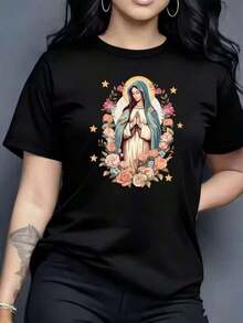 Camiseta suave de talla grande para mujer, uso casual diario, estampado de la Virgen María orando con rosas y estrellas, camiseta casual adecuada para el ocio diario, blusas elegantes para dama. - Negro - Ver 6