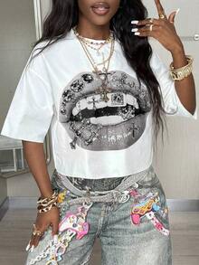 Women's Graphic Tee, Vintage Y2K Style, Casual Hip-Hop Style, Going Out, Oversized, Lip Print, For Everyday Urban Autumn Wear. - 白色 3 - 查看 1