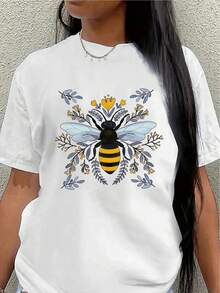 Camiseta de manga corta, ligera y duradera, diseñada con estampados de abejas y flores, es perfecta para usar en casa, en una cafetería o al aire libre, ofreciendo una experiencia de uso diario cómoda.women's shirts - Blanco - Ver 1
