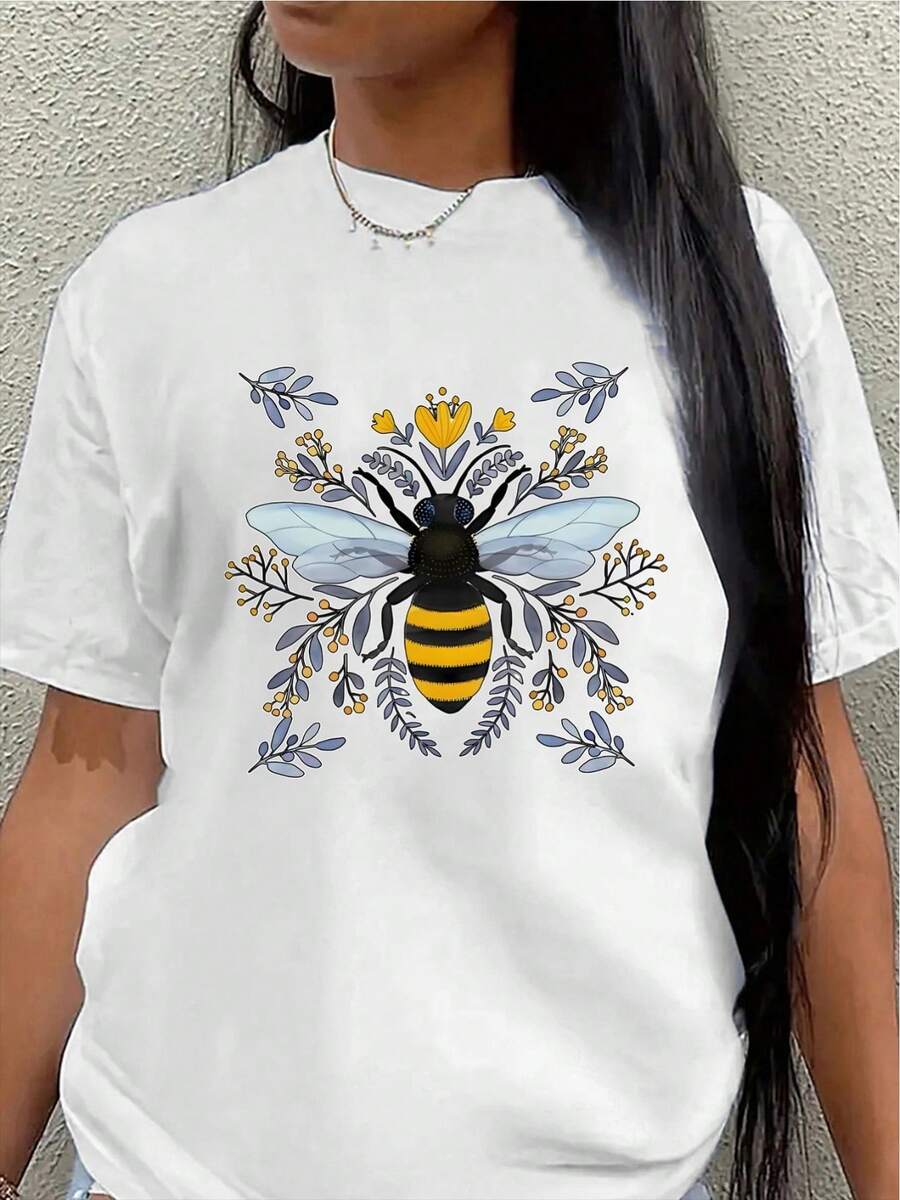Camiseta de manga corta, ligera y duradera, diseñada con estampados de abejas y flores, es perfecta para usar en casa, en una cafetería o al aire libre, ofreciendo una experiencia de uso diario cómoda.women's shirts - Blanco - Ver 1