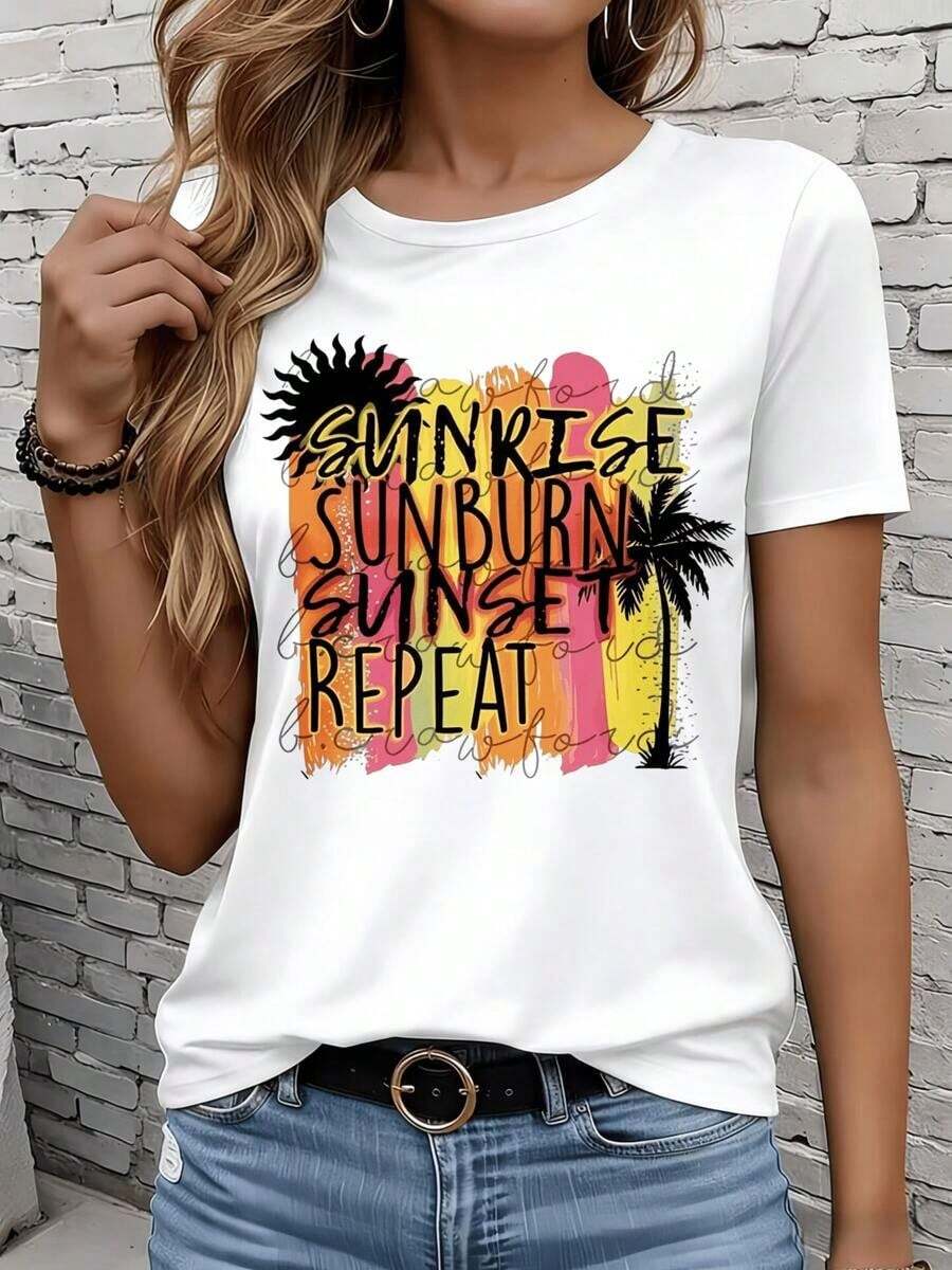 Camiseta de manga corta GraphicLadies para mujer, informal, blanca, con diseño colorido, para ocio, actividades al aire libre, hogar, playa, verano, con estampado de palmeras, 220g, ideal como regalo para fiestas y vacaciones. - Blanco - Ver 1
