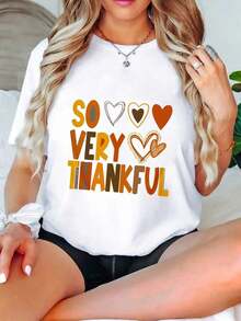 Women's Casual T-Shirt With "SO VERY THANKFUL" Print, Summer T-Shirt For Women, Fashionable, Casual, Comfortable And Soft For Outdoor Sports And Fitness, Round Neck, Short Sleeve, 100% Cotton, Durable - 白色 - 查看 2