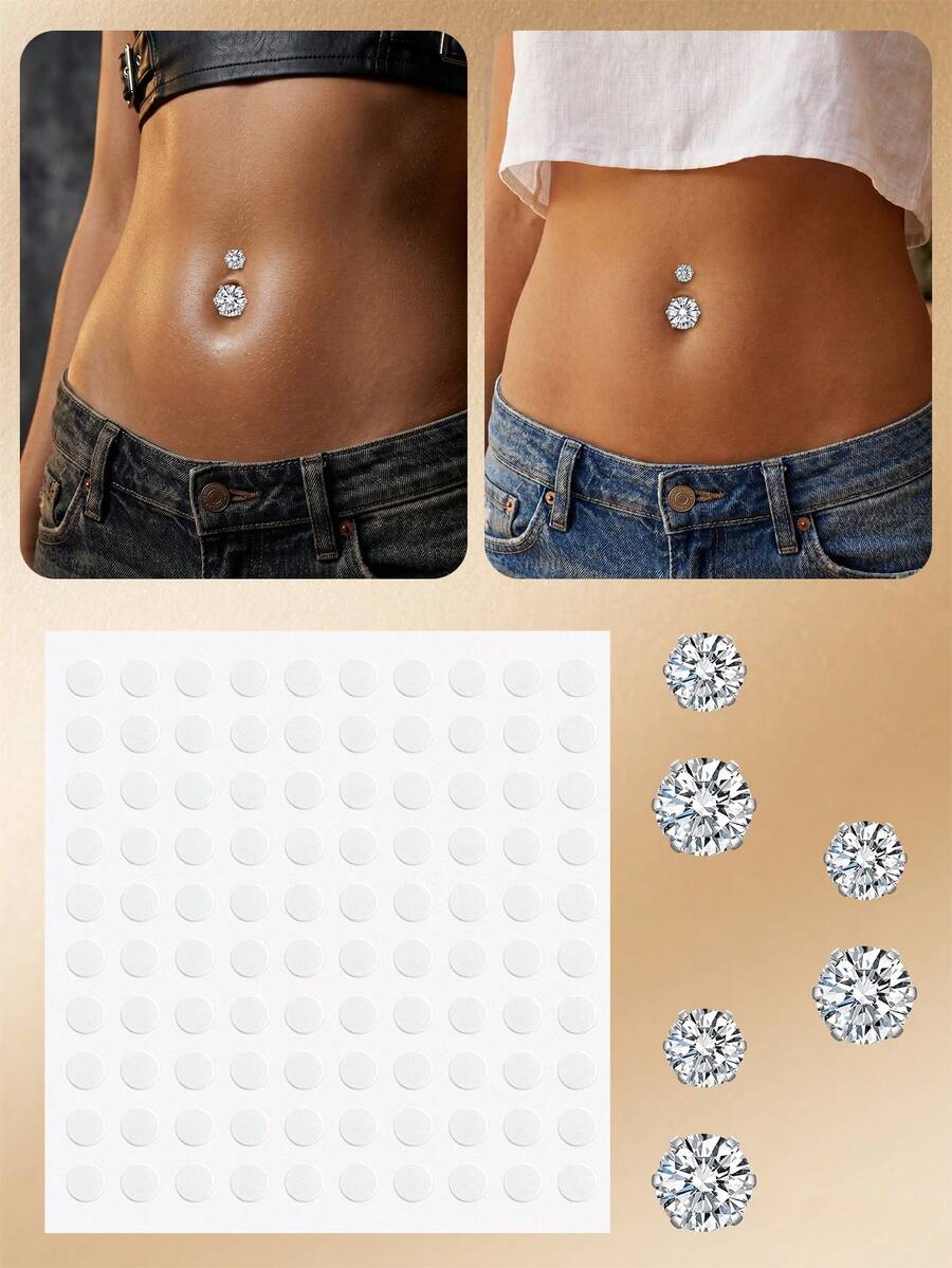 CIZME Khuyên rốn giả đính đá Cubic Zirconia, khuyên rốn dán không cần xỏ lỗ, trang sức xỏ khuyên giả bằng bạc, bi dính không cần xỏ lỗ. - vòng bụng giả - Xem 1