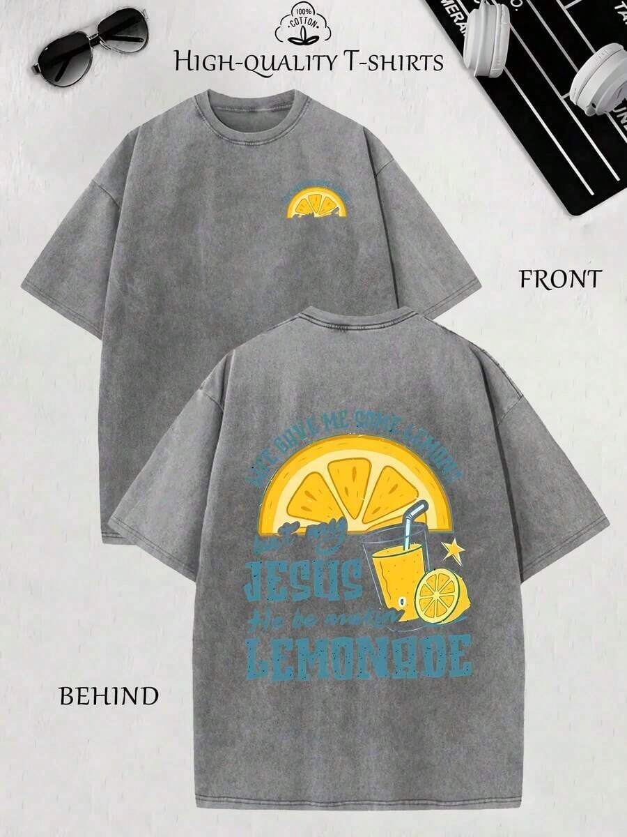Men's 2026 Vintage Style Lemonade Print T-Shirt - Vintage Lemonade Design With Lemons And An Image Of Jesus On The Front And Back, Short-Sleeved T-Shirt With A Distressed Effect, Casual Summer Lemonade Stand Theme, Crew Neck, Available In Large And Extra-Large Sizes, High-Quality Wax-Printed Cotton Retro Fashion Brand T-Shirt, Men's T-Shirt, Beach Must-Have, Summer T-Shirt For Men, Holiday Gift, Perfect Gift, Women's Graphic Tees, Graphic Tee, T-Shirts (Retro Style, Heavyweight, Unisex). - 灰色 - 查看 1