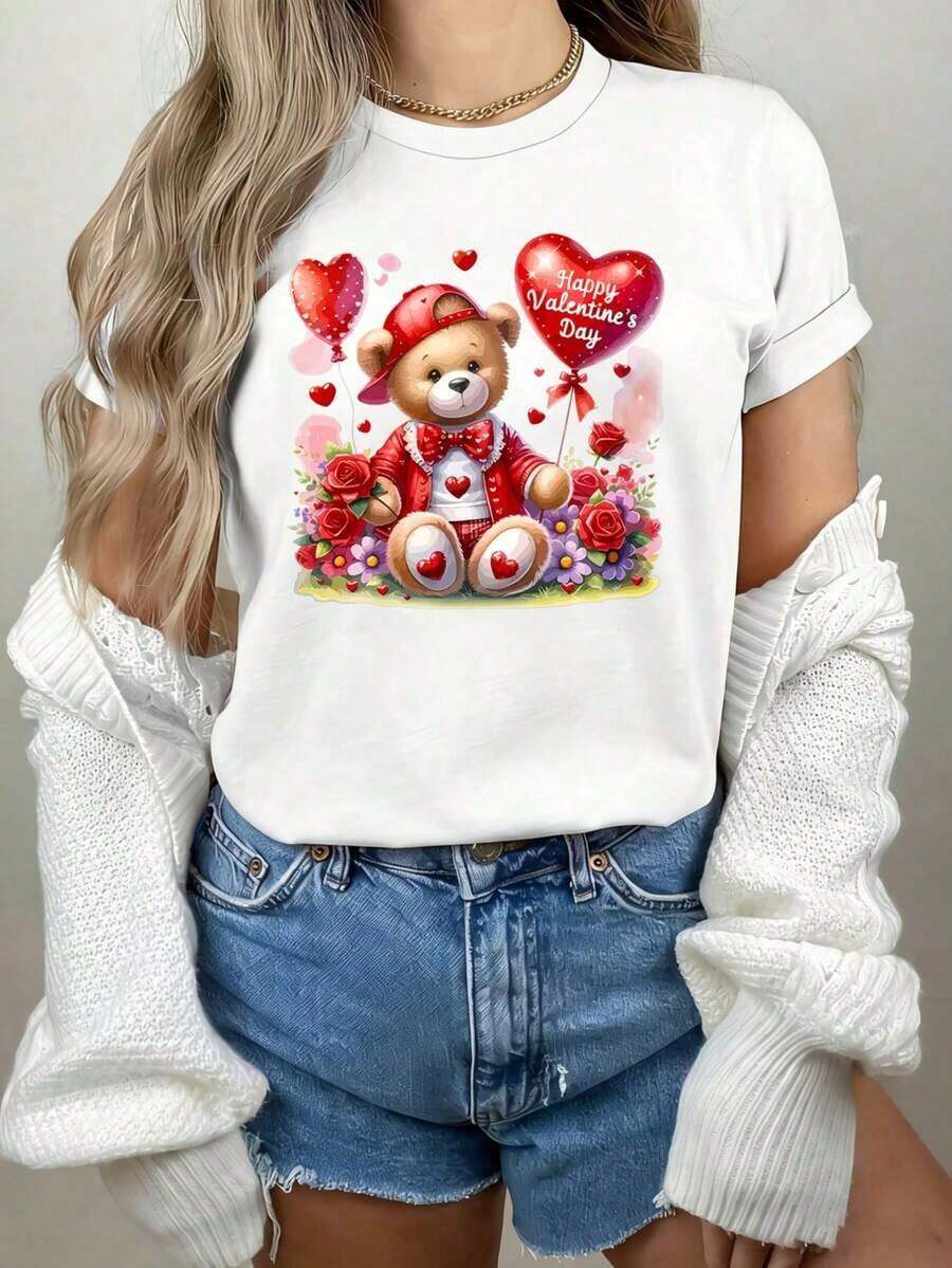 [Camiseta Teddy Heart] Camiseta de Mujer para el Día de San Valentín con Estampado de Oso de Peluche y Corazón - Top Casual de Cuello Redondo Suave con Diseño Adorable de Oso y Corazón, Blusa Lavable a Máquina para Atuendo Casual de Primavera, Verano, Otoño o Regalo de San Valentín, Tela Cómoda - Estilo Vintage Urbano Unisex, Camiseta de Manga Corta de Algodón Holgada con Cuello Redondo. blusas.blusas casuales para dama.Impresión de osos cariñosos.Camiseta estampada Impresión de osos cariñosos. - Blanco - Ver 1