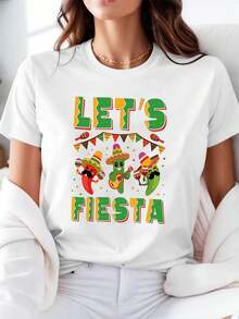 Camiseta Ligera y Transpirable con Estampado de "LET'S FIESTA" para Carnaval Mexicano, para Mujer, Manga Corta, Cuello Redondo, Casual, para Primavera/Verano, Uso Diario, Regalo para Fiestas, Compras y Viajes, Ideal para Combinar con Ropa de Primavera y Otoño. - Blanco - Ver 6