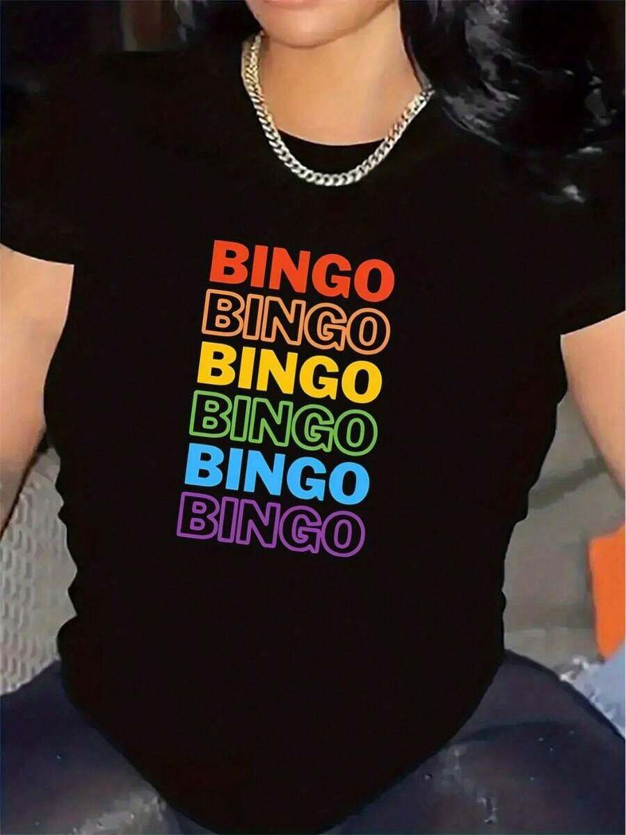 Black And White Polyester Short-Sleeved T-Shirt With A Colorful Bingo Print, Ideal For Parties Or Lounging At Home. Durable And Lightweight Fabric, Comfortable Fit For Casual Outfits, Stylish Design For Informal Ensembles. Women's Blouses > Clothing - 黑色 - 查看 1