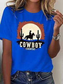Women's Western Cowgirl Graphic T-Shirt - 100% Soft Crew Neck Short Sleeve Cactus & Cowboy Silhouette Print, COWBOY Lettering, All Year Round Casual Comfort, White Desert Brown Beige Design Ideal For Country Festivals And Casual Wear, Geometric Pattern, Machine Washable, Relaxed Drape, Western Inspired Fashion, Breathable Non-See-Through Fabric, All Season Women's Shirts - 藍色 - 查看 6