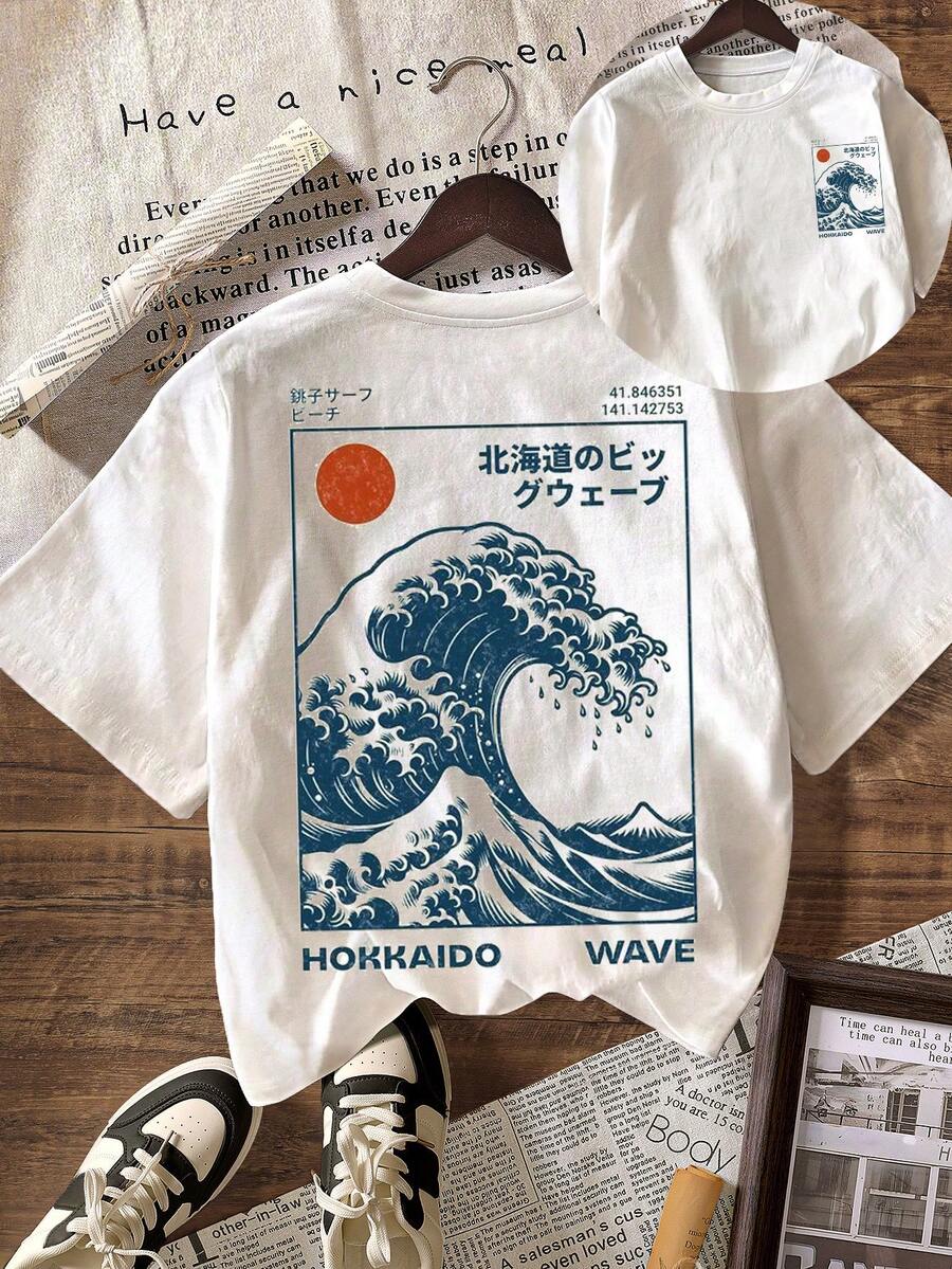 女款休閒圓領短袖圖案T恤,波浪藝術設計,夏季度假海灘穿搭白色 - 白色 - 查看 1