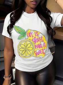 [Camiseta con Estampado de Limones] Camiseta con Estampado de Limones, La Vida Dulce Es Corta, Camiseta de Vacaciones con Estampado de Cítricos Dulces, Ropa de Mujer, Adecuada como regalo. playera de mujer. blusas>elegantes. boho chic,Top de mujer suave, transpirable y cómodo, ideal para primavera, verano y otoño, perfecto para vacaciones, viajes y uso diario. - Blanco - Ver 1