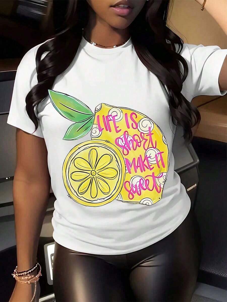 [Camiseta con Estampado de Limones] Camiseta con Estampado de Limones, La Vida Dulce Es Corta, Camiseta de Vacaciones con Estampado de Cítricos Dulces, Ropa de Mujer, Adecuada como regalo. playera de mujer. blusas>elegantes. boho chic,Top de mujer suave, transpirable y cómodo, ideal para primavera, verano y otoño, perfecto para vacaciones, viajes y uso diario. - Blanco - Ver 1