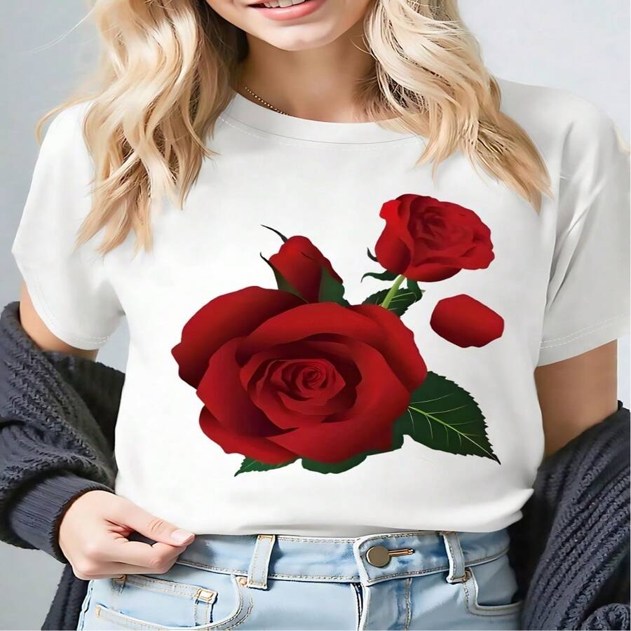 Women's Sexy Casual Cotton Rose Print Short Sleeve Round Neck T-Shirt - 白色 - 查看 1