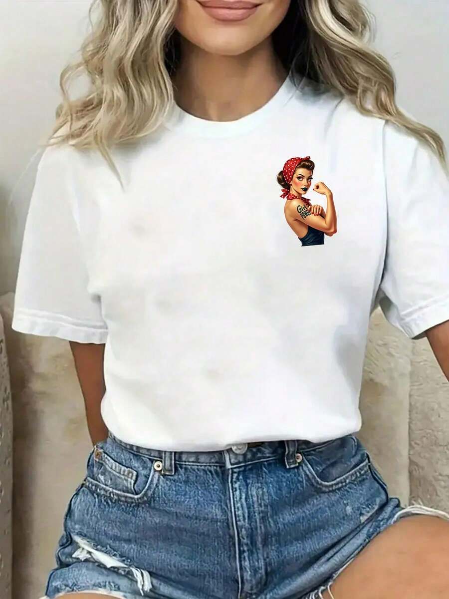 1 camiseta casual elegante de manga corta blanca, con estampado de letras coloridas - diseño de cuello redondo, tela ligera, la primera opción para ropa casual de verano, camiseta de mujer 180g 100% algodón. - Blanco - Ver 1