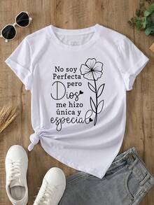 1 Piece Of BANGELY Women's Loose And Breathable Crew Neck T-Shirt | Inspirational Quote In Spanish: "It's Not Perfect, But It's Unique And Special, From God", Floral Print, Casual Style, Suitable For All Seasons, Regular Fit, Slightly Stretchy 180g 100% Cotton Fabric. - 白色 - 查看 1