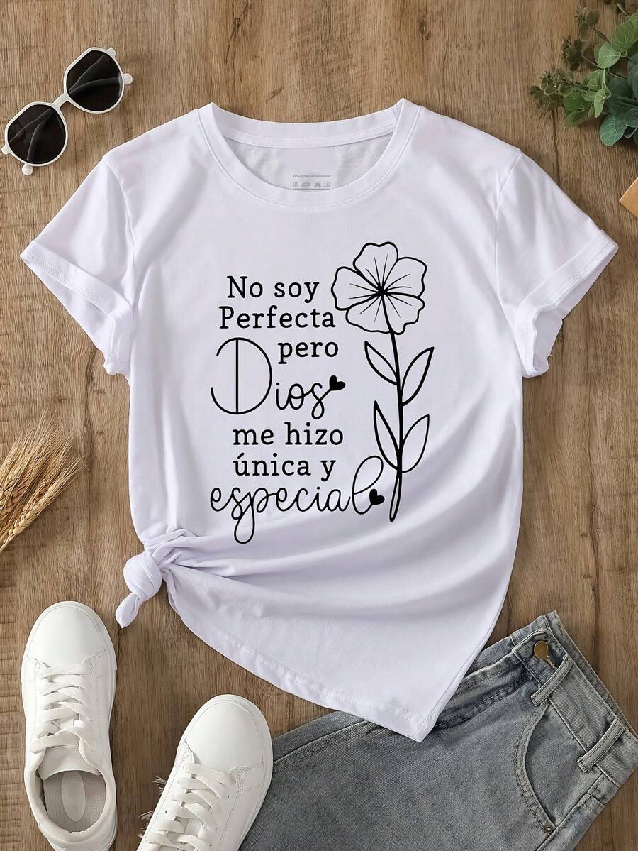 1 Piece Of BANGELY Women's Loose And Breathable Crew Neck T-Shirt | Inspirational Quote In Spanish: "It's Not Perfect, But It's Unique And Special, From God", Floral Print, Casual Style, Suitable For All Seasons, Regular Fit, Slightly Stretchy 180g 100% Cotton Fabric. - 白色 - 查看 1