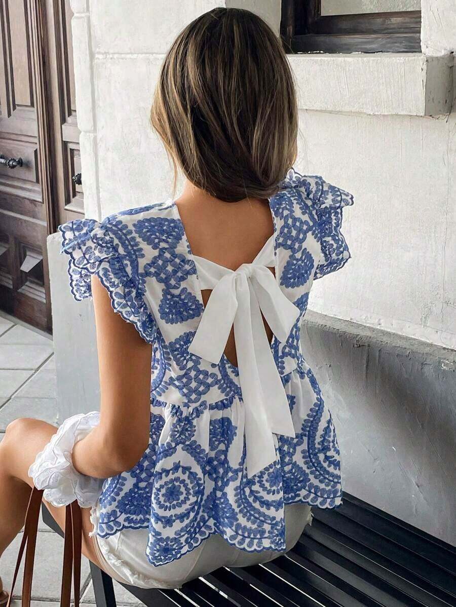 Blusa casual con mangas cortas y bordado para mujer de vacaciones - Azul y blanco - Ver 1