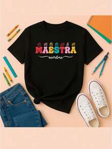 Women's Breathable Teacher T-Shirt, "Teacher" Text Design With Rainbow Crayons, Lightweight And Cool, Ideal For Extreme Heat, Casual Summer School Style (Mexico) - 黑色 - 查看 4