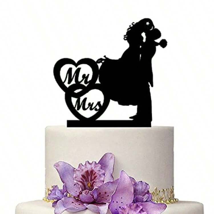 Mr And Mrs Wedding Cake Toppers - Decoración de acrílico negro para tartas de compromiso y boda con novia y novio - como en la imagen - Añade 7