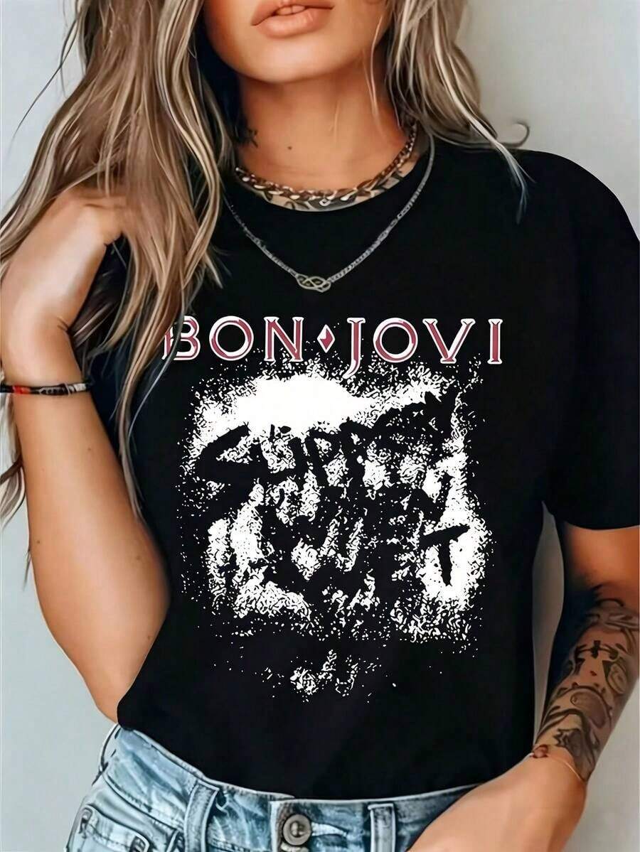 Women's BON JOVI Casual T-Shirt - Fashionable Short Sleeve Blouse With Round Neck And Letter Print, Spring/Summer Casual Blouse For Casual Outfits And Fun Gifts - 白色 - 查看 1