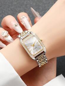 Bộ 2 chiếc đồng hồ đeo tay thạch anh sang trọng hình vuông khảm pha lê, đồng hồ công sở thường ngày dành cho nữ, quà tặng cho bạn gái (Không bao gồm hộp đồng hồ) - Nhiều màu - Xem 2
