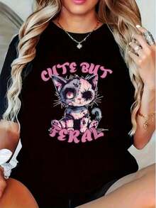 Women's Summer T-Shirts With Adorable And Bold Designs - Stylish Black T-Shirts With Gothic Cat Designs, Featuring Pink And Blue Details, Perfect For Casual Activities And Fans Of Cute And Punk Aesthetics - Oversized Design With Whimsical Text And Unique Style. Loose And Comfortable Summer Wear, Women's T-Shirts - 黑色 - 查看 3