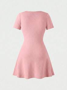 Robe mini en tricot élégante et décontractée avec col en V, convient pour le port quotidien, les sorties et la maison - Rose bonbon - Voir 7