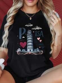 Novedad 2026: Camisetas de Mujer con Cuello Redondo y Mangas Cortas con Interesantes Estampados. Camiseta de Mujer con Diseño de Corazón y Torre de Pisa, Italia, Moda Casual, Ideal para Fiestas de Navidad, Actividades Deportivas, Fiestas de Fin de Año, Salidas, Deportes y Otros Regalos Festivos. Tela Suave, Transpirable, 100% Algodón, Camiseta de Mujer con Estampado Gráfico para Uso Diario. - Negro - Ver 6