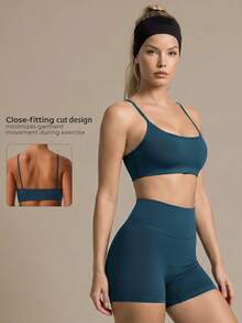 2 pièces Brassière de sport à bretelles fines classique et short taille haute à coupe profonde V pour un effet lifting, ensemble de vêtements de sport pour la course, le fitness, le cyclisme, printemps/été - Bleu azur - Voir 9