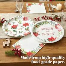 Juego de vajilla desechable de 150 platos y servilletas de papel de Navidad para 50 unidades diseño de pascua vajilla floral feliz y brillante para fiestas de Navidad - rojo - Ver 3