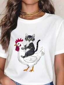 Cute Casual T-Shirt With Cat Riding A Chicken Print For Women - Funny Animal Print Casual Top, Perfect For Everyday Wear And Gift Ideas - A Must-Have - 白色 - 查看 1