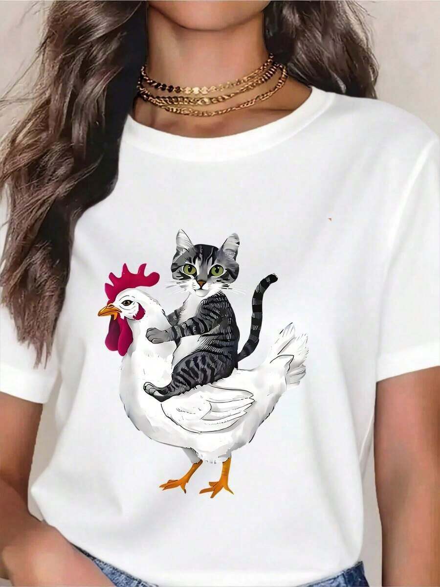 Cute Casual T-Shirt With Cat Riding A Chicken Print For Women - Funny Animal Print Casual Top, Perfect For Everyday Wear And Gift Ideas - A Must-Have - 白色 - 查看 1