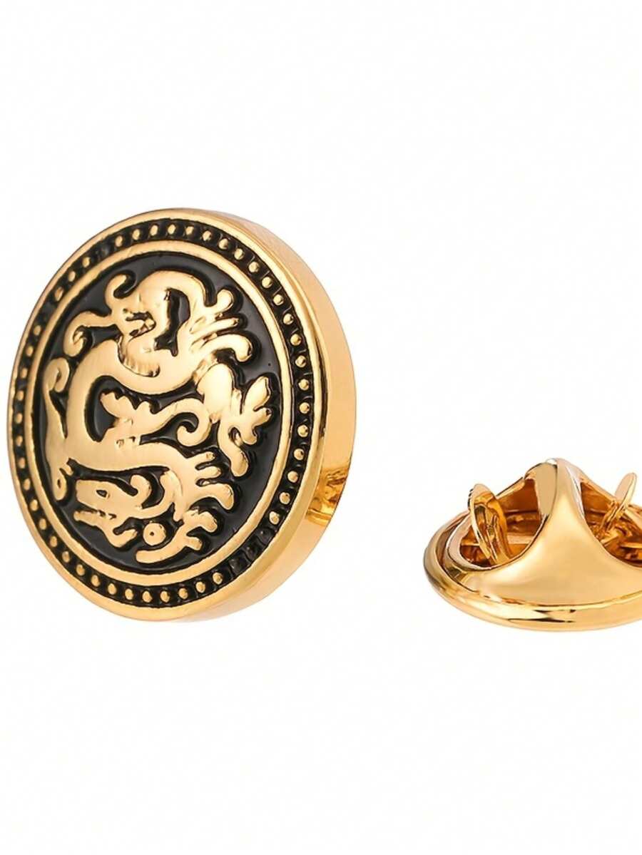 Broche con diseño de dragón auspicioso dorado, nuevo alfiler de solapa de moda con decoración tallada artesanalmente para hombres y mujeres - Multicolor - Ver 1