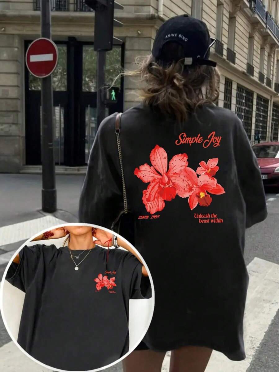 Women's Premium Vintage Floral Short Sleeve T-Shirt, 100% Cotton, Loose Fit, Red Orchid Print, Breathable Casual Top, Personalized Everyday Wear, Letter Pattern, Summer Short Sleeve T-Shirt For Adult Women, Breathable Fabric, Suitable For Back To School Season, Ideal For Outdoor Wear, Perfect Gift, . - 黑色 - 查看 1