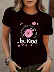Camiseta con Estampado de Letras y Flores a la Modablusas para mujer>ropa - Negro - Ver 7