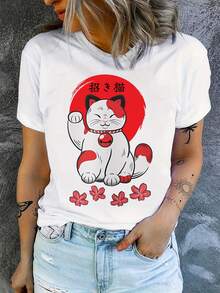 Maneki-Neko Japanese T-Shirt - Casual Summer Crew Neck Printed Shirt, Machine Washable, Japanese Lucky Top Ideal For Fans Of Japanese Culture And Gifts - 白色 - 查看 1
