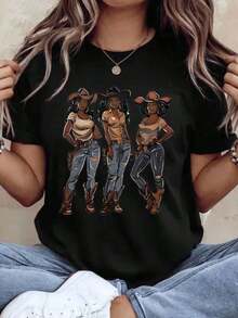 Camiseta Gráfica Estilo Western para Mujer con Diseño de Tres Mujeres con Sombreros y Botas de Vaquera, Top Casual de Moda para Mujer, Ropa de Verano para Festivales de Música Country, 220g - Estilo Vintage Urbano Unisex, Camiseta de Manga Corta de Algodón Suelto con Cuello Redondo, 100% Algodón - Negro - Ver 7