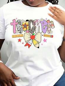 Women's Cotton T-Shirts With Cute Pattern Design For Teachers, Women's T-Shirt With Bow And Apple Print, Educational Themed Gift For Teacher's Day, Thank You To School Teachers, Basic Women's Blouses. - 白色 - 查看 2