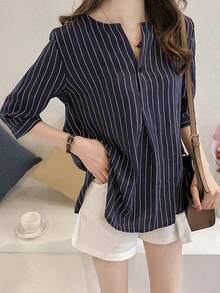 Women's Striped Round Neck Blouses For Petite Women, New Korean Style Three-Quarter Sleeve Shirt For Summer, Loose Casual Shirt. - 深藍色 - 查看 2