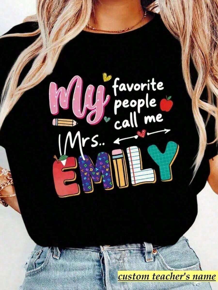 Women's 1-Piece T-Shirt, Personalized Teacher T-Shirt With Name, Back-To-School Gift, Teacher Appreciation T-Shirt, Personalized For Teacher, End-Of-Year Gift, Casual Everyday Wear - 黑色 - 查看 1