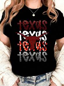 Women's Texas State Pride Longhorn Graphic T-Shirt, Casual Wear, Festival Outfit, Country Style, Cotton T-Shirt, Summer Fashion - 黑色 - 查看 3